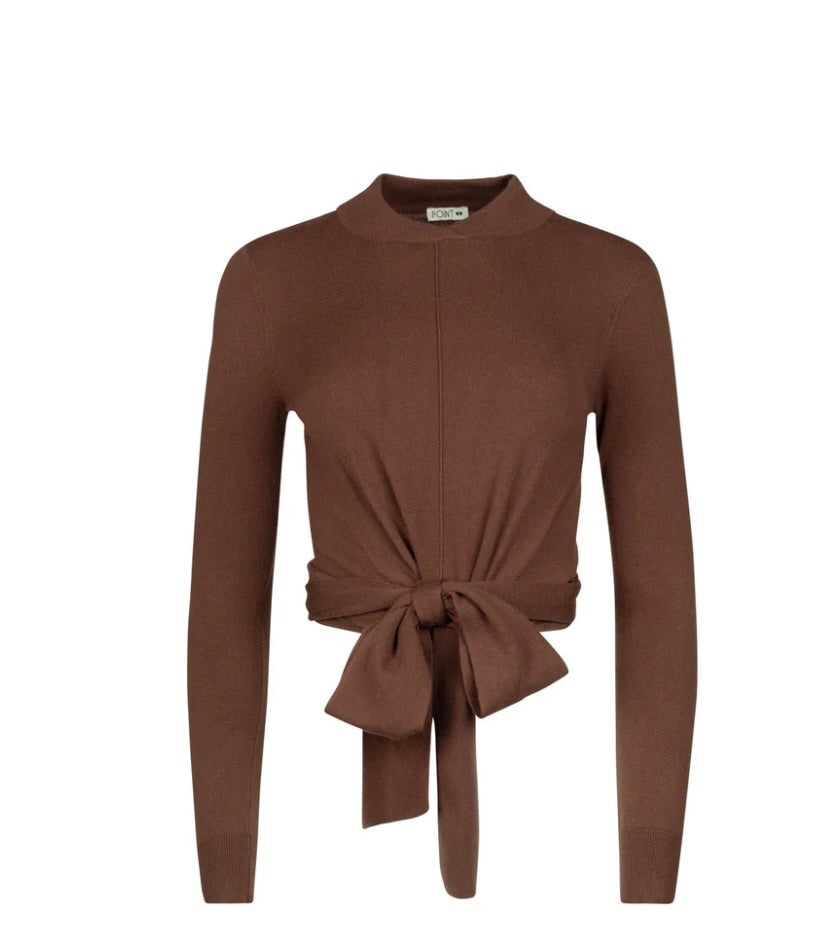 Point Mandarin Neck Wrap Top in Black and Brown