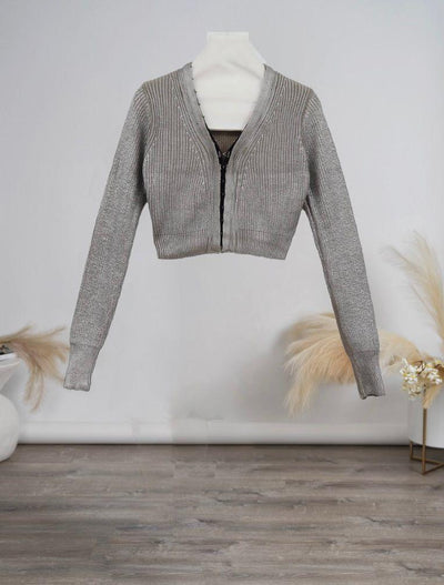 Front Row Lurex Gray Metallic Crop Sweater