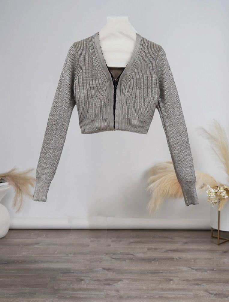 Front Row Lurex Gray Metallic Crop Sweater