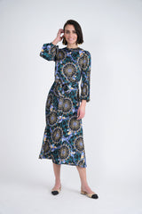 Malibu Satin Printed Pleated Midi Dress