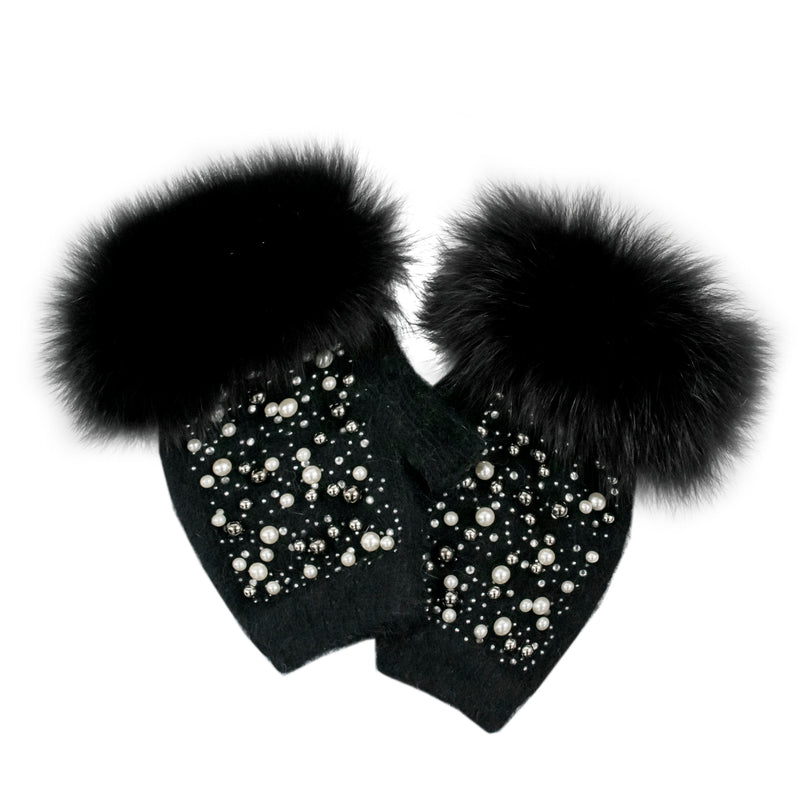 Mitchies Black Knit Fingerless Gloves with Pearls and Fox Trim