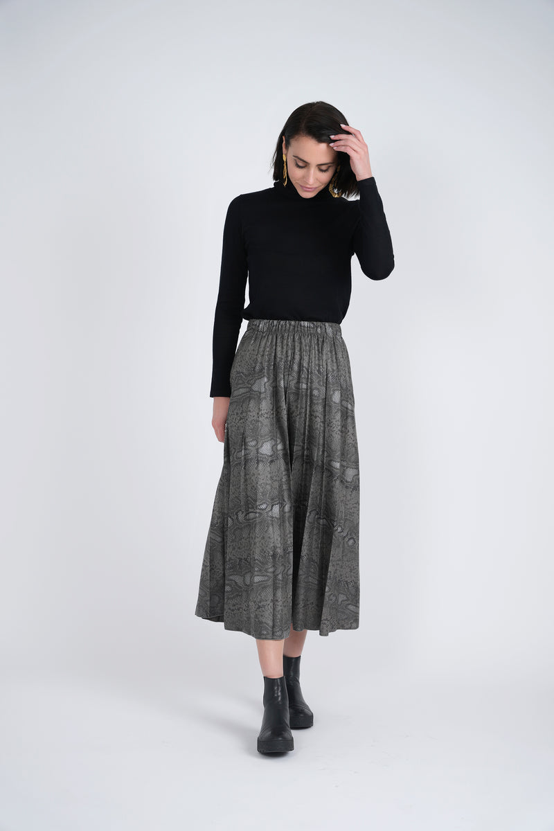 Midi Leather Look Printed Pleated Midi Skirt