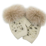 Mitchies Ivory Knit Fingerless Gloves with Pearls and Fox Trim