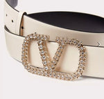FHTH Valentino White Reversible Belt with Gold and White Rhinestones