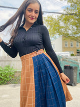 Esteem Two Tone Pleated Color Block Skirt with Side Buckles