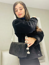 Sondra Roberts Velvet Flap Evening Bag with Pearl Details on Handle