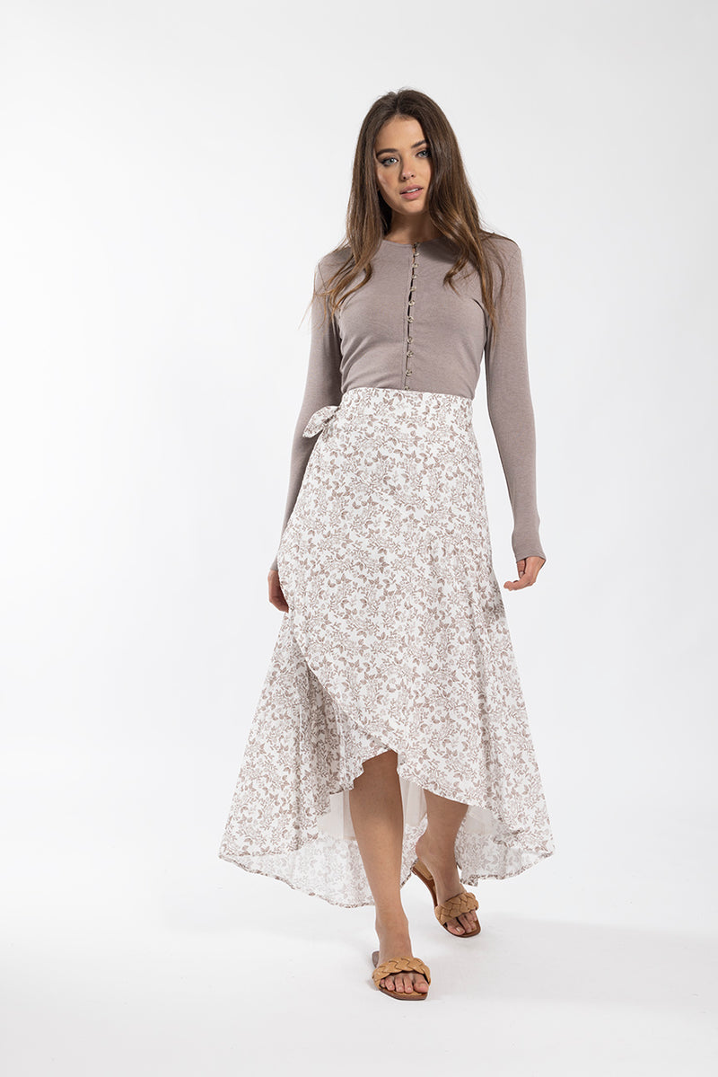 Olly and Elizabeth Printed Wrap High Low Midi Skirt