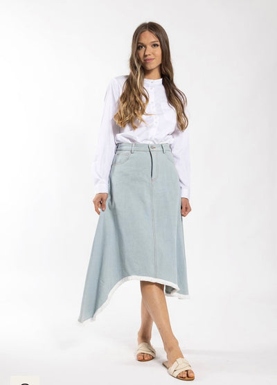 Static Fringed Asymmetrical Denim Midi Skirt