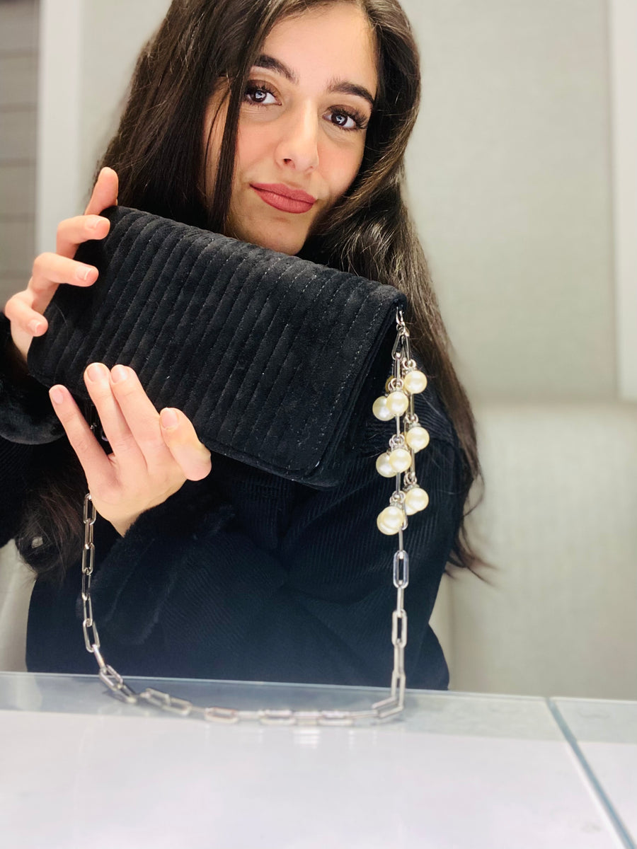 Sondra Roberts Velvet Flap Evening Bag with Pearl Details on Handle